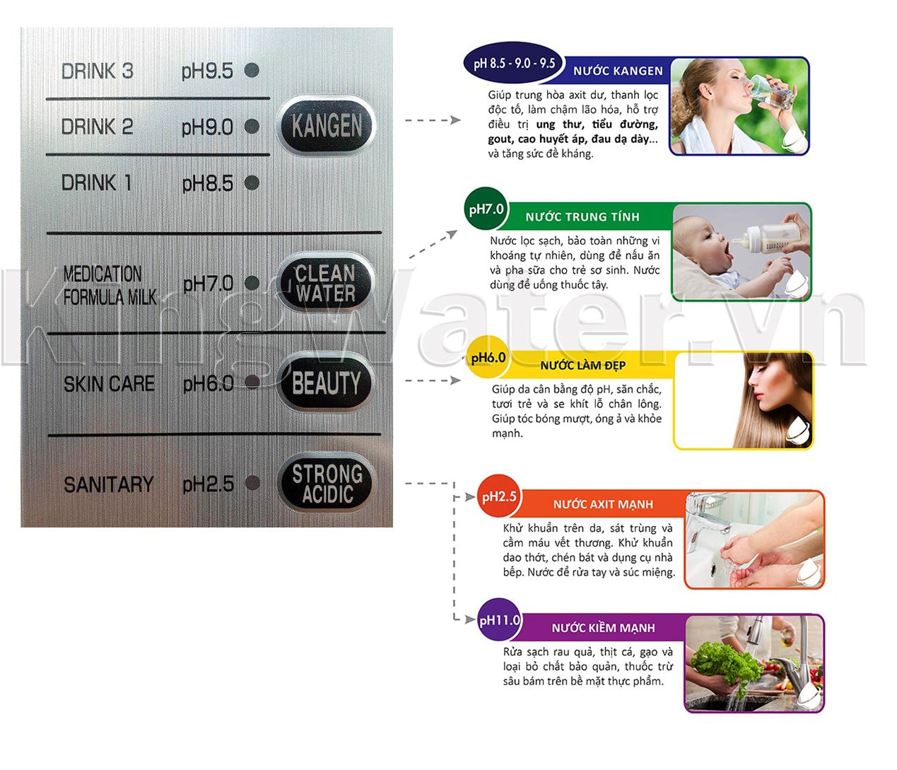 Kangen Leveluk SD501 Platinum cung cấp đến 7 loại nước với rất nhiều công dụng khác nhau Kangen Leveluk SD501 Platinum cung cấp đến 7 loại nước với rất nhiều công dụng khác nhau