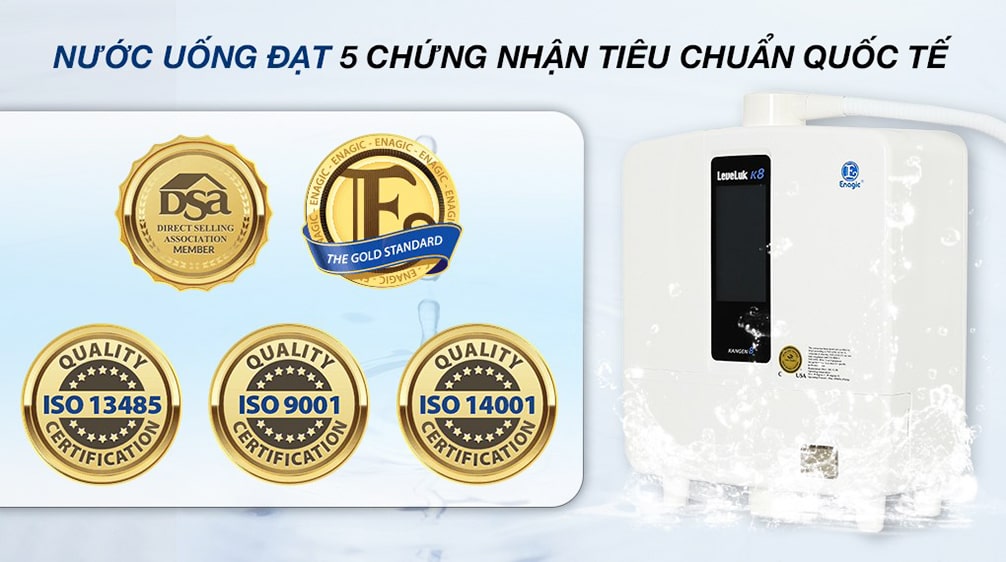 Kangen Leveluk K8 máy điện giải chất lượng cao với các chứng nhận uy tín