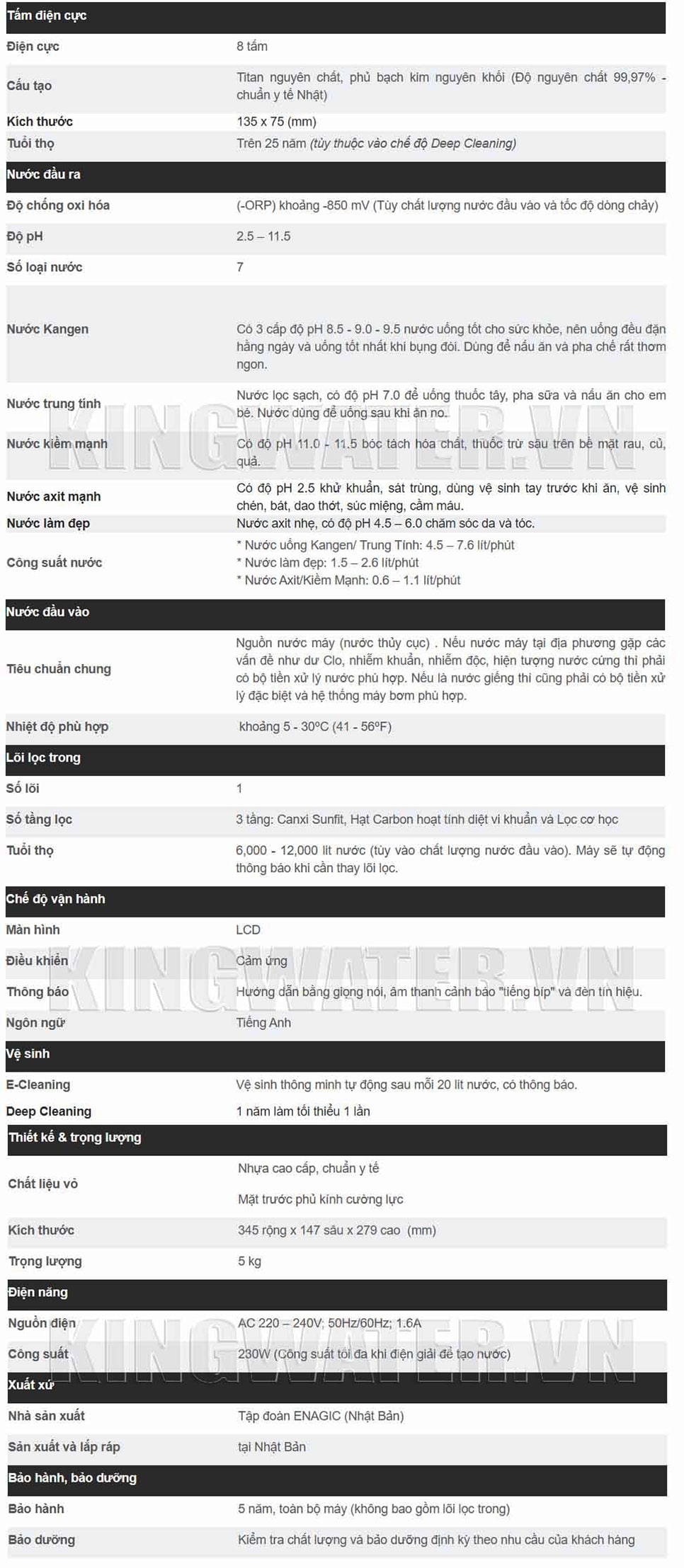 Thông số kĩ thuật Kangen K8